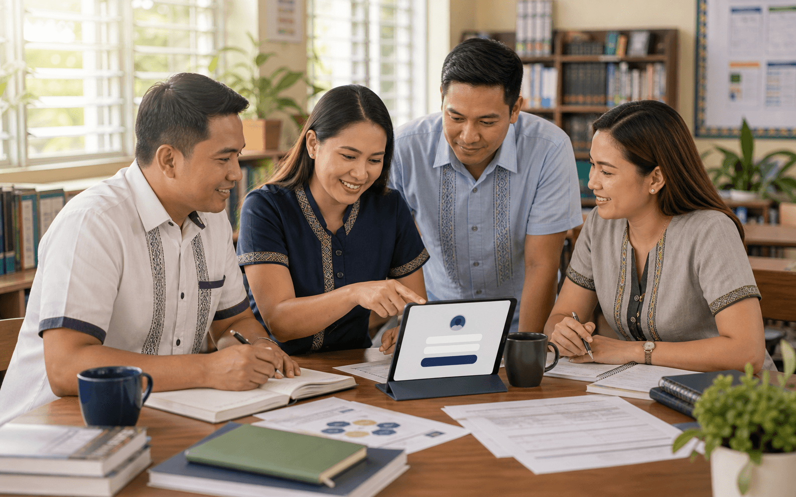 Filipino teachers in uniform-inspired attire joining a beta testing cohort in a faculty lounge.
