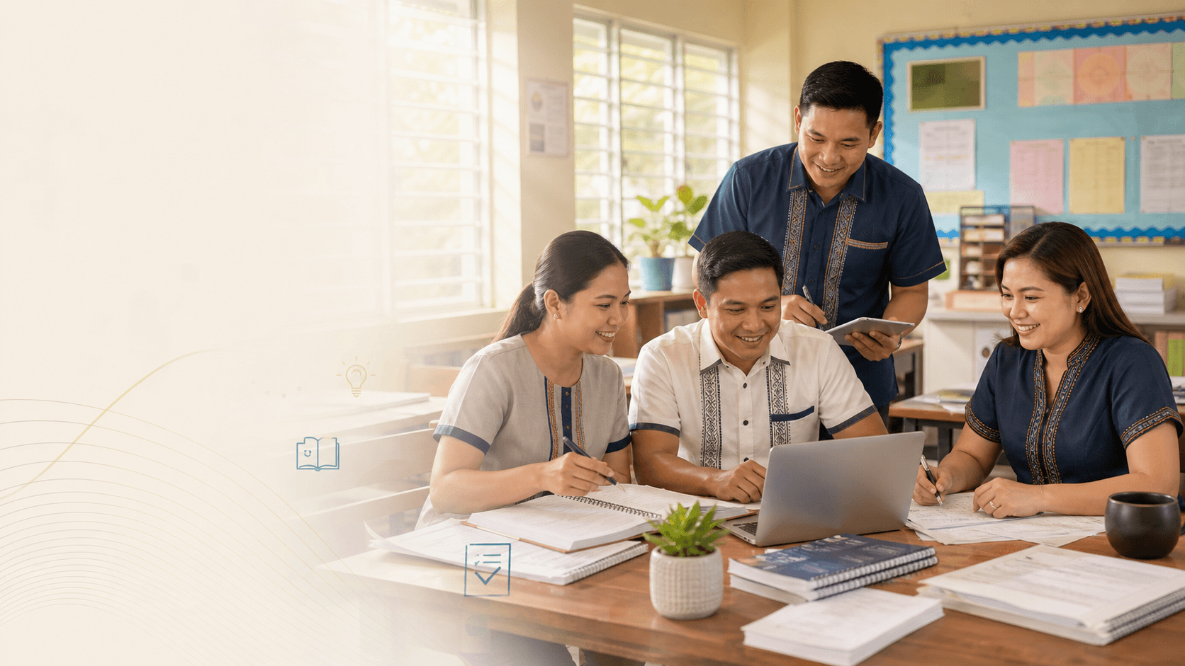 Filipino DepEd teachers in new-uniform inspired attire planning with Guroverse in a bright classroom.